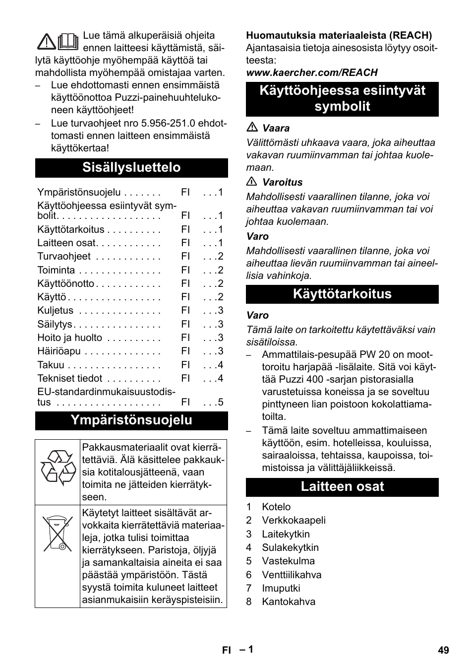 Suomi, Sisällysluettelo, Ympäristönsuojelu | Käyttöohjeessa esiintyvät symbolit, Käyttötarkoitus, Laitteen osat | Karcher PW 20 User Manual | Page 49 / 132