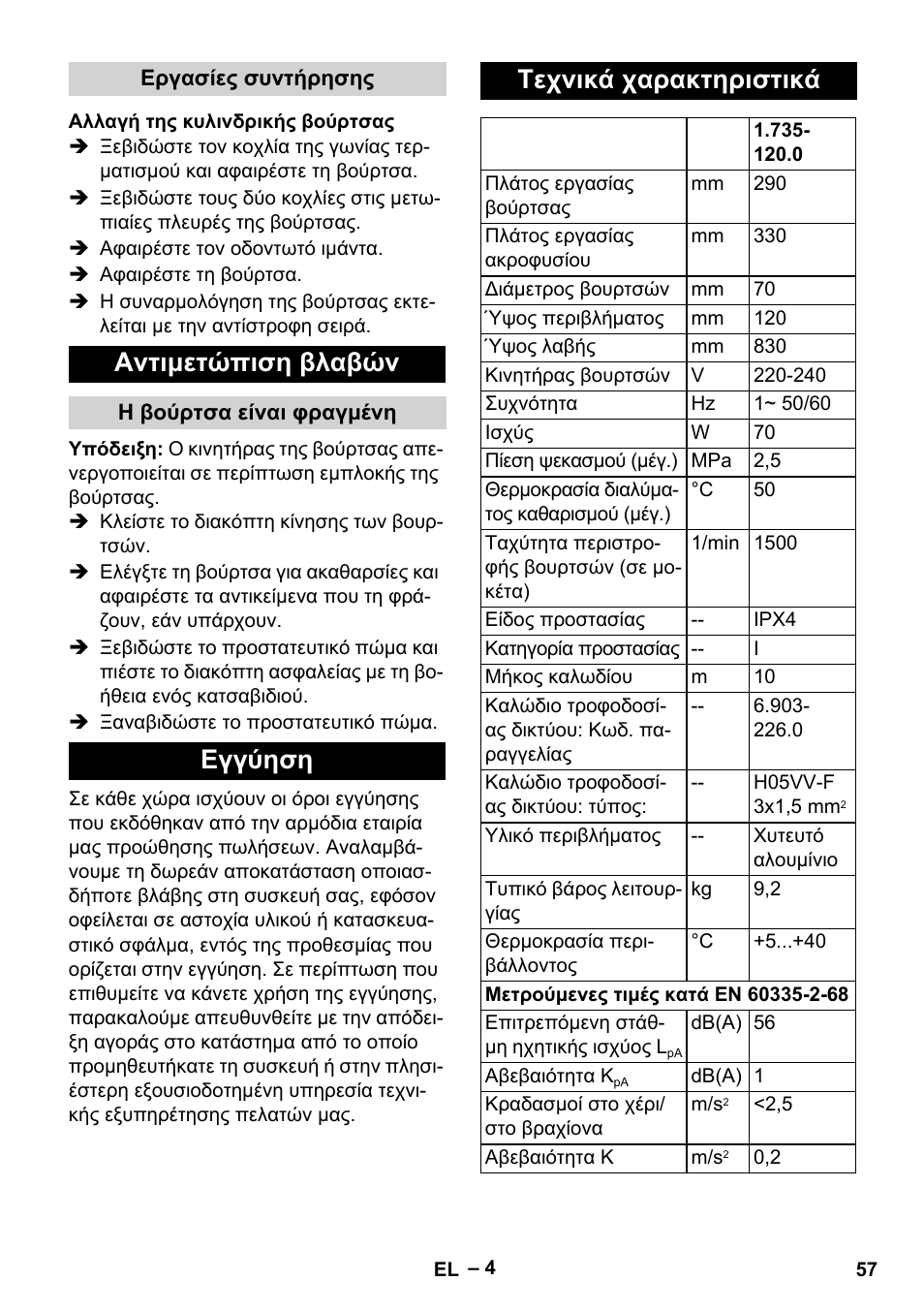 Εργασίες συντήρησης, Αλλαγή της κυλινδρικής βούρτσας, Αντιμετώπιση βλαβών | Η βούρτσα είναι φραγμένη, Εγγύηση, Τεχνικά χαρακτηριστικά, Εγγύηση τεχνικά χαρακτηριστικά | Karcher PW 20 User Manual | Page 57 / 132