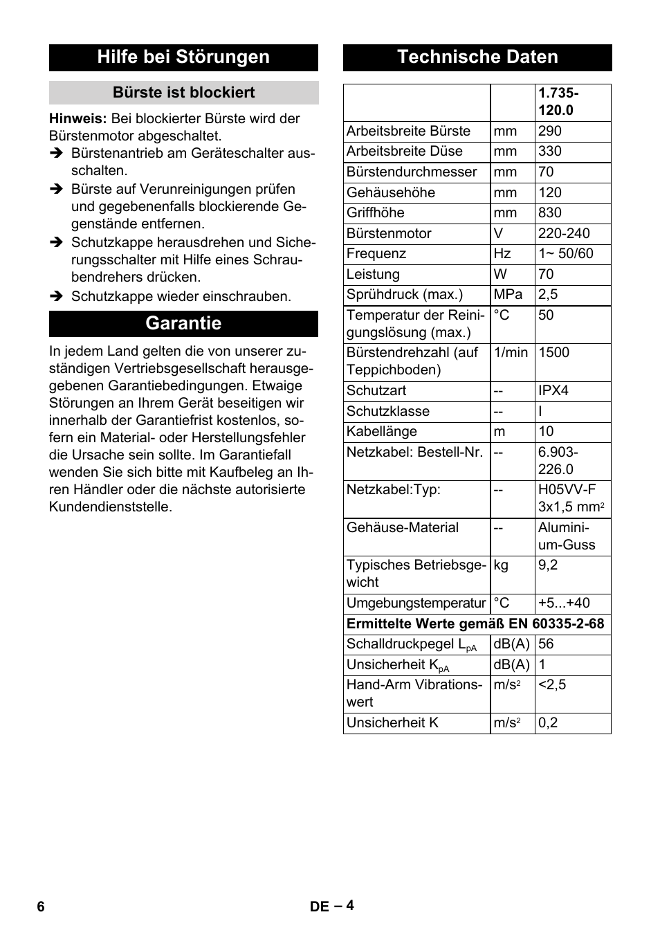 Hilfe bei störungen, Bürste ist blockiert, Garantie | Technische daten, Garantie technische daten | Karcher PW 20 User Manual | Page 6 / 132