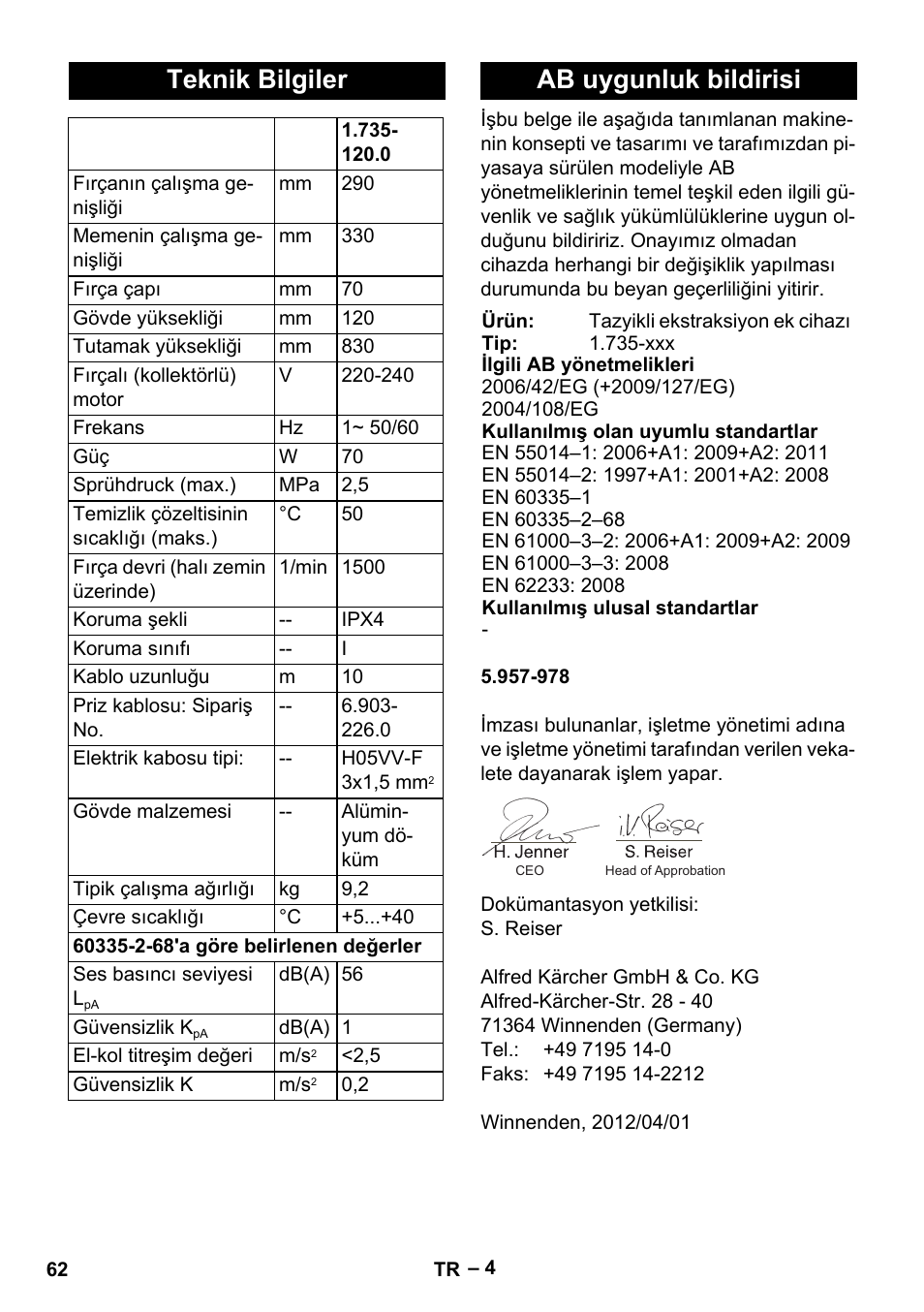 Teknik bilgiler, Ab uygunluk bildirisi | Karcher PW 20 User Manual | Page 62 / 132