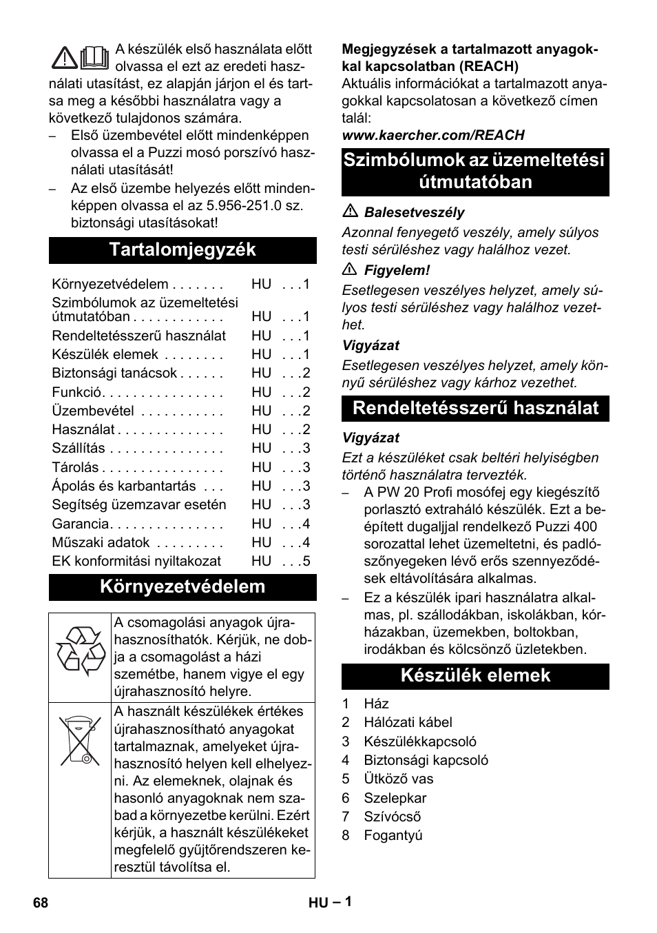 Magyar, Tartalomjegyzék, Környezetvédelem | Szimbólumok az üzemeltetési útmutatóban, Rendeltetésszerű használat, Készülék elemek | Karcher PW 20 User Manual | Page 68 / 132