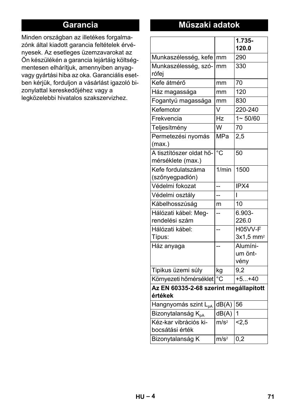 Garancia, Műszaki adatok, Garancia műszaki adatok | Karcher PW 20 User Manual | Page 71 / 132