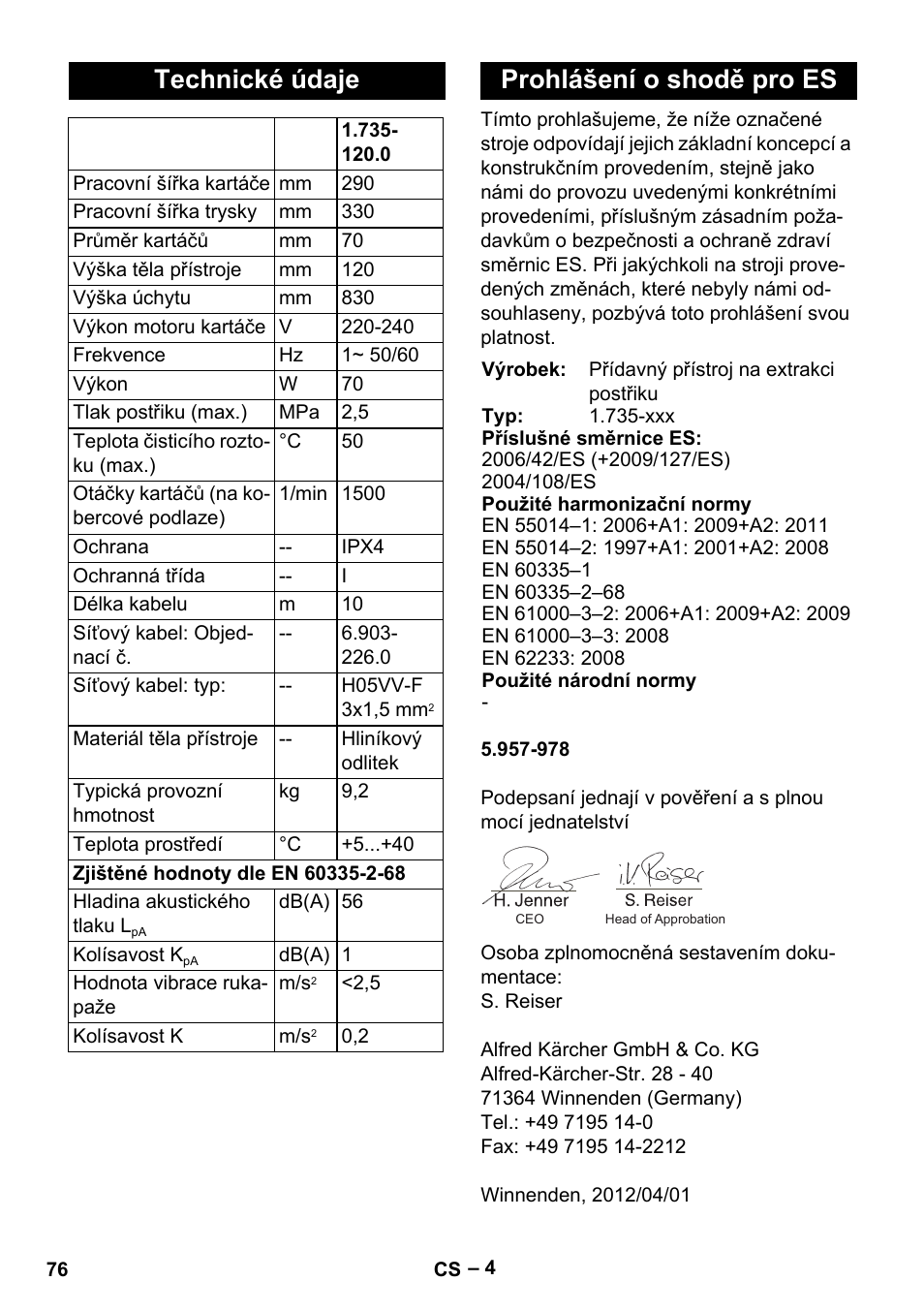 Technické údaje, Prohlášení o shodě pro es | Karcher PW 20 User Manual | Page 76 / 132