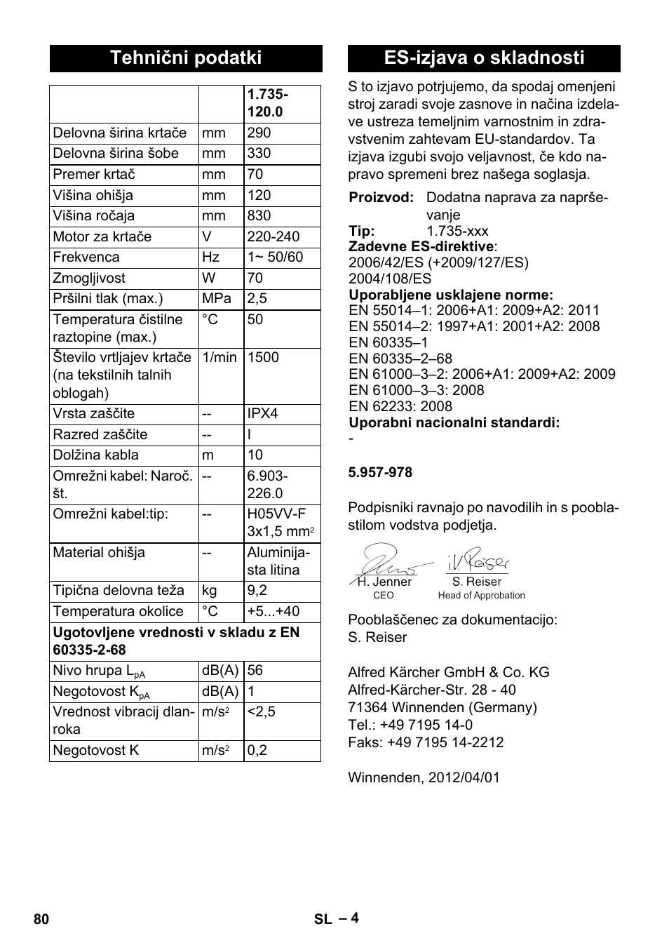 Tehnični podatki, Es-izjava o skladnosti | Karcher PW 20 User Manual | Page 80 / 132