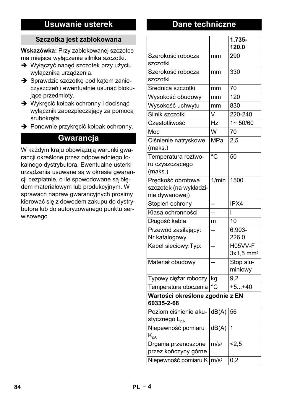 Usuwanie usterek, Szczotka jest zablokowana, Gwarancja | Dane techniczne, Gwarancja dane techniczne | Karcher PW 20 User Manual | Page 84 / 132