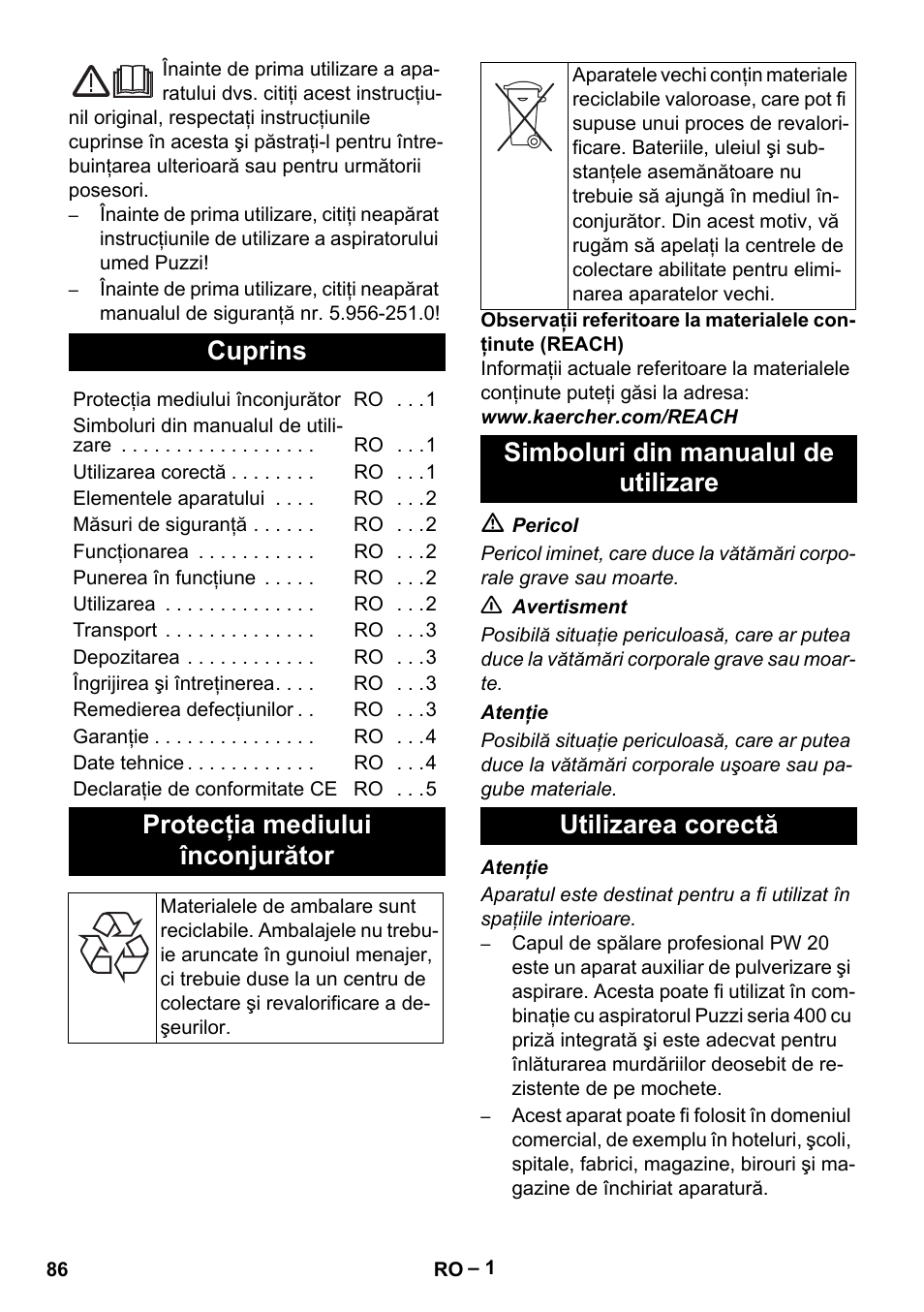 Româneşte, Cuprins, Protecţia mediului înconjurător | Simboluri din manualul de utilizare, Utilizarea corectă | Karcher PW 20 User Manual | Page 86 / 132