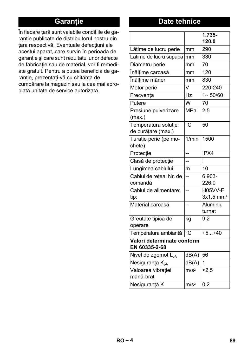 Garanţie, Date tehnice, Garanţie date tehnice | Karcher PW 20 User Manual | Page 89 / 132