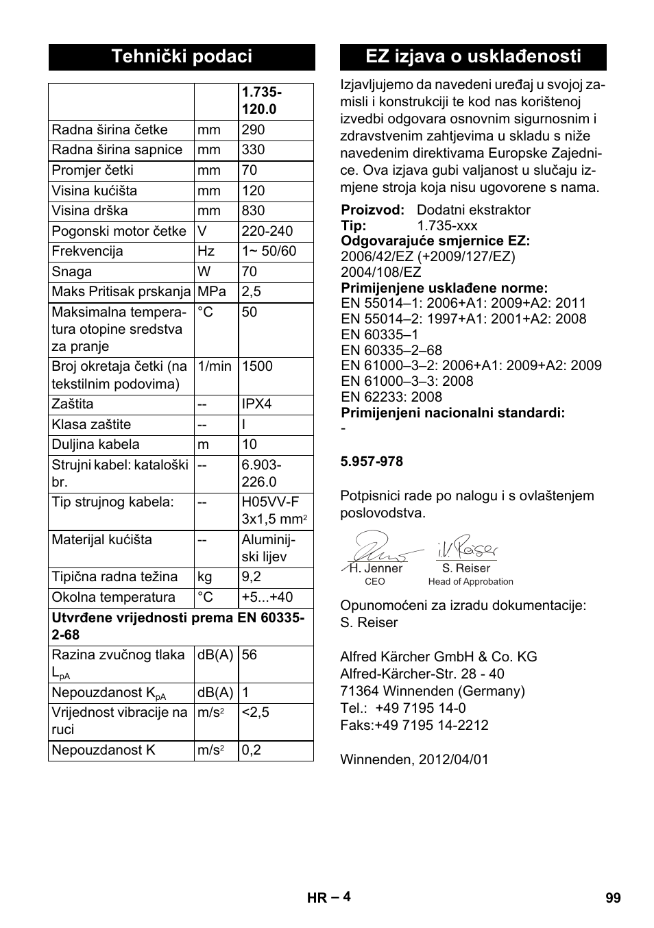 Tehnički podaci, Ez izjava o usklađenosti | Karcher PW 20 User Manual | Page 99 / 132