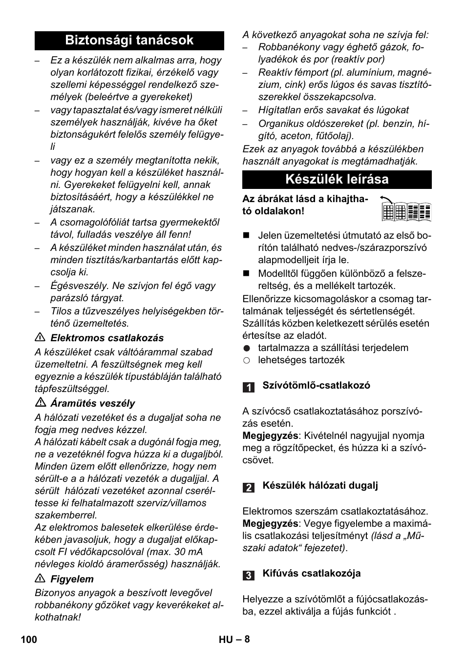 Biztonsági tanácsok készülék leírása | Karcher WD 7-700 P User Manual | Page 100 / 192