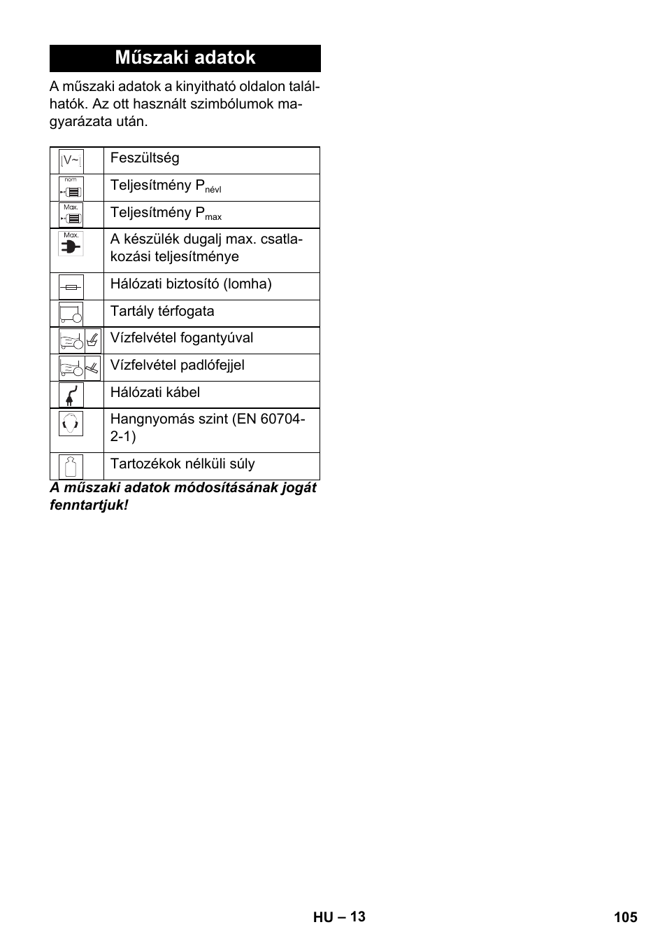Műszaki adatok | Karcher WD 7-700 P User Manual | Page 105 / 192
