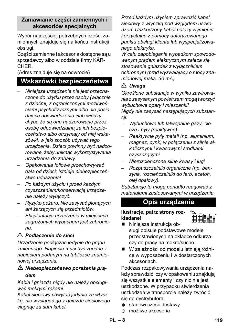 Wskazówki bezpieczeństwa opis urządzenia | Karcher WD 7-700 P User Manual | Page 119 / 192