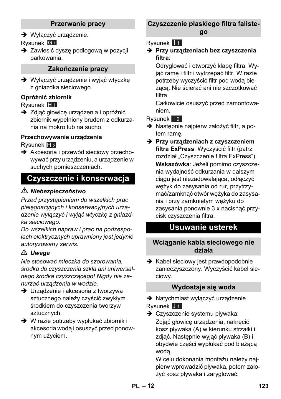 Czyszczenie i konserwacja, Usuwanie usterek | Karcher WD 7-700 P User Manual | Page 123 / 192