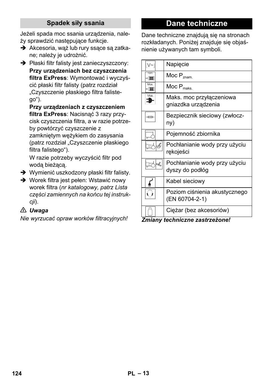 Dane techniczne | Karcher WD 7-700 P User Manual | Page 124 / 192