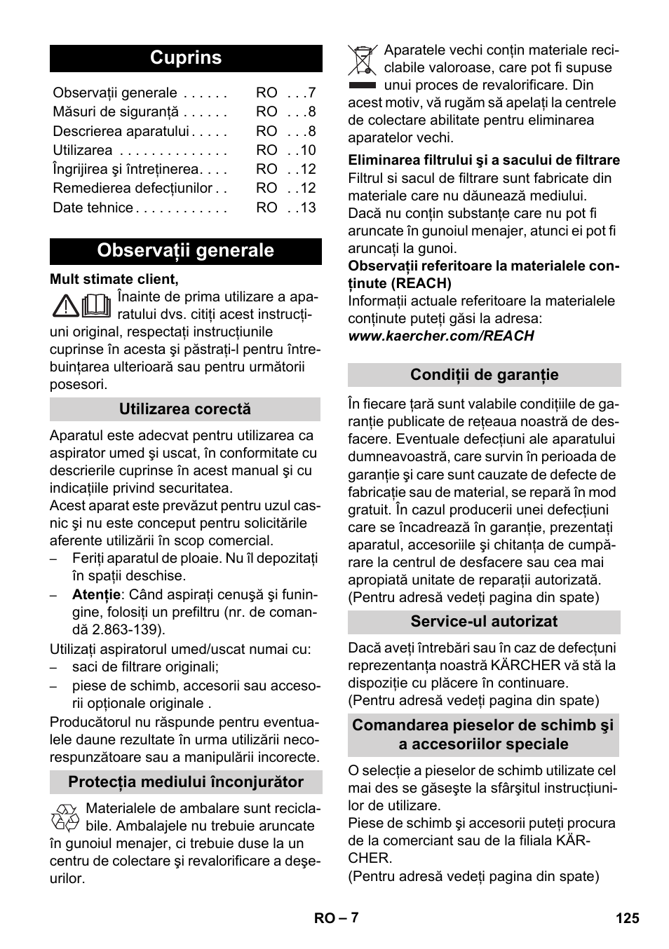 Româneşte, Cuprins, Observaţii generale | Karcher WD 7-700 P User Manual | Page 125 / 192