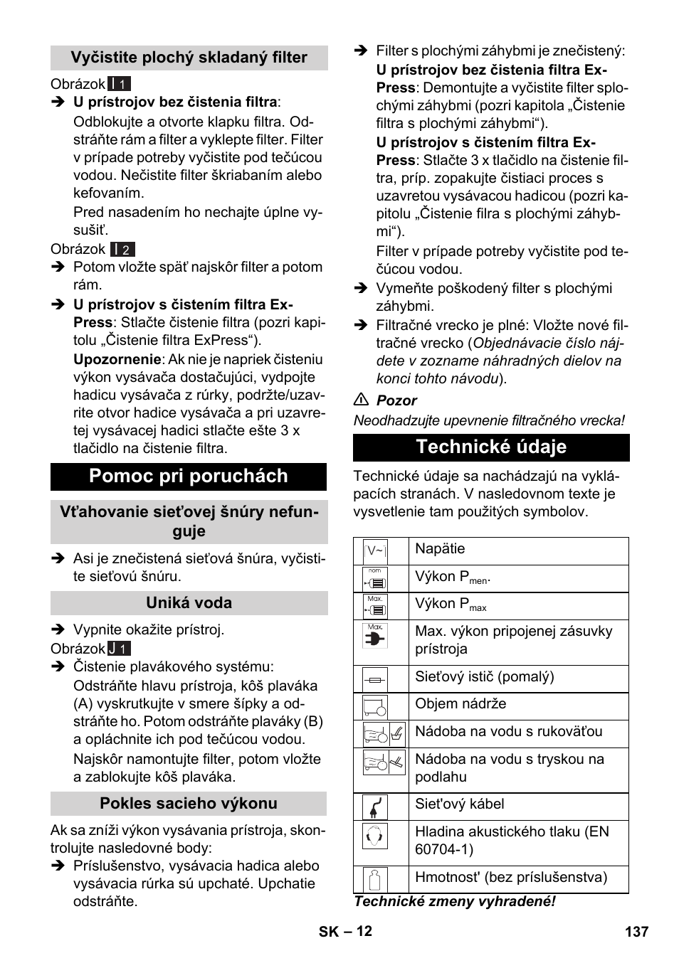 Pomoc pri poruchách, Technické údaje | Karcher WD 7-700 P User Manual | Page 137 / 192