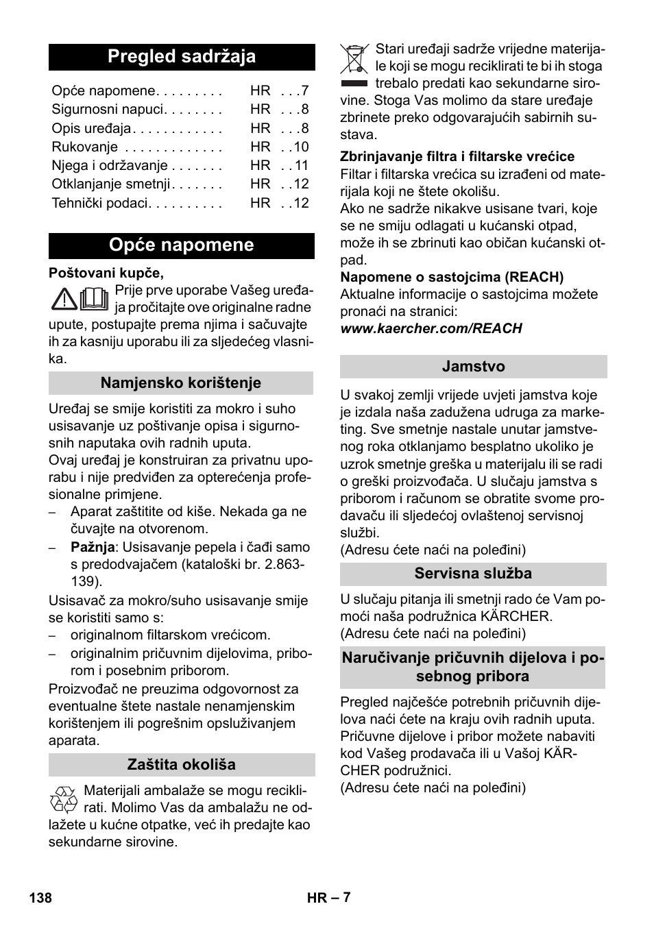 Hrvatski, Pregled sadržaja, Opće napomene | Karcher WD 7-700 P User Manual | Page 138 / 192