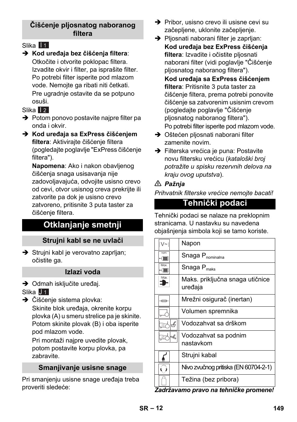 Otklanjanje smetnji, Tehnički podaci | Karcher WD 7-700 P User Manual | Page 149 / 192