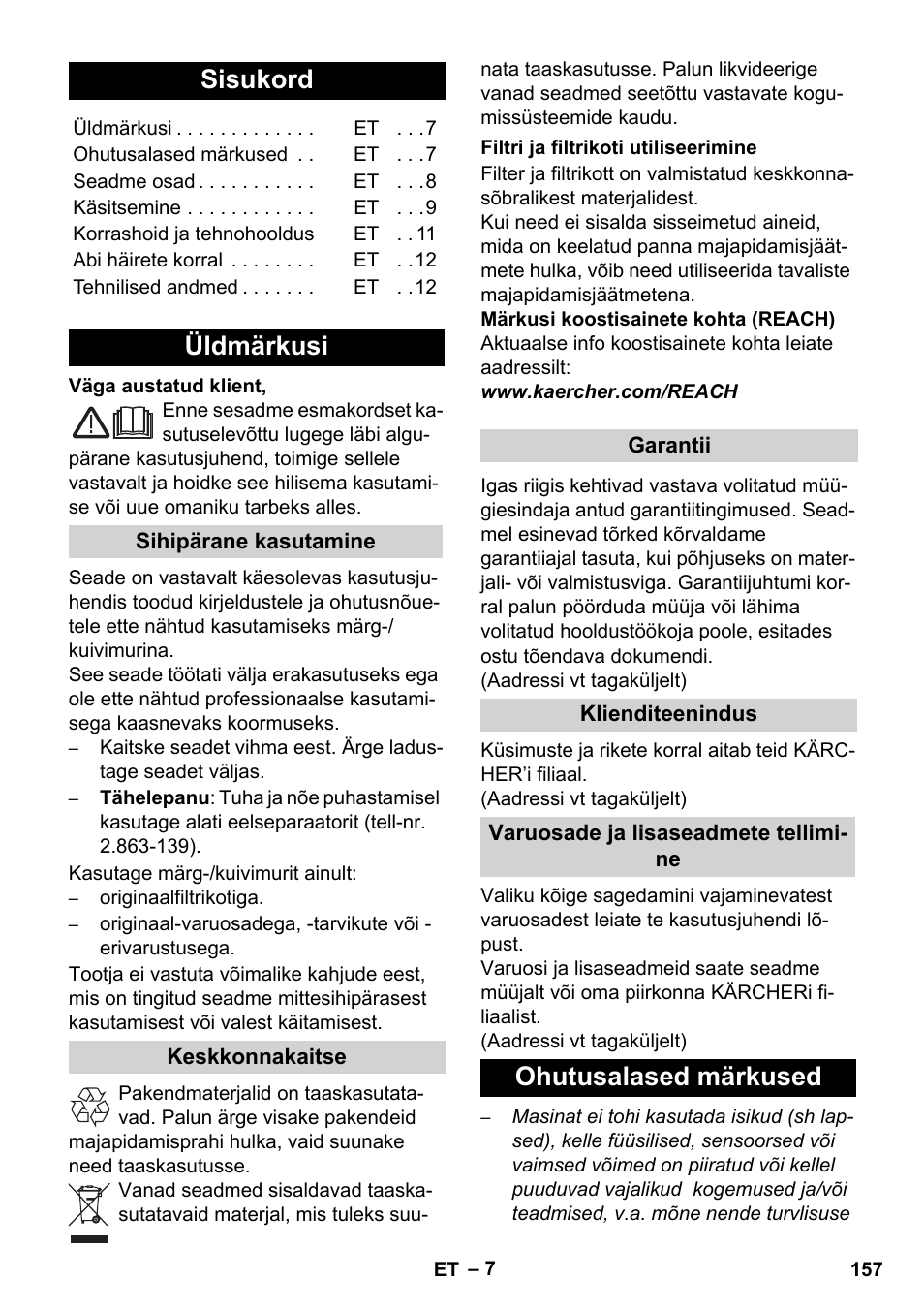 Eesti, Sisukord, Üldmärkusi | Ohutusalased märkused | Karcher WD 7-700 P User Manual | Page 157 / 192