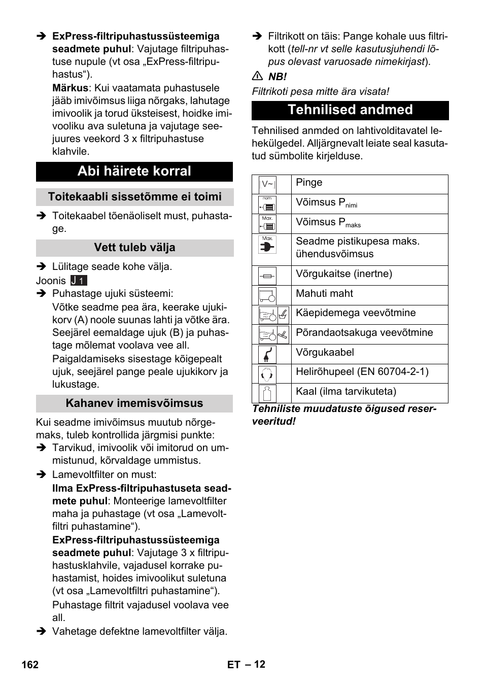 Abi häirete korral, Tehnilised andmed | Karcher WD 7-700 P User Manual | Page 162 / 192