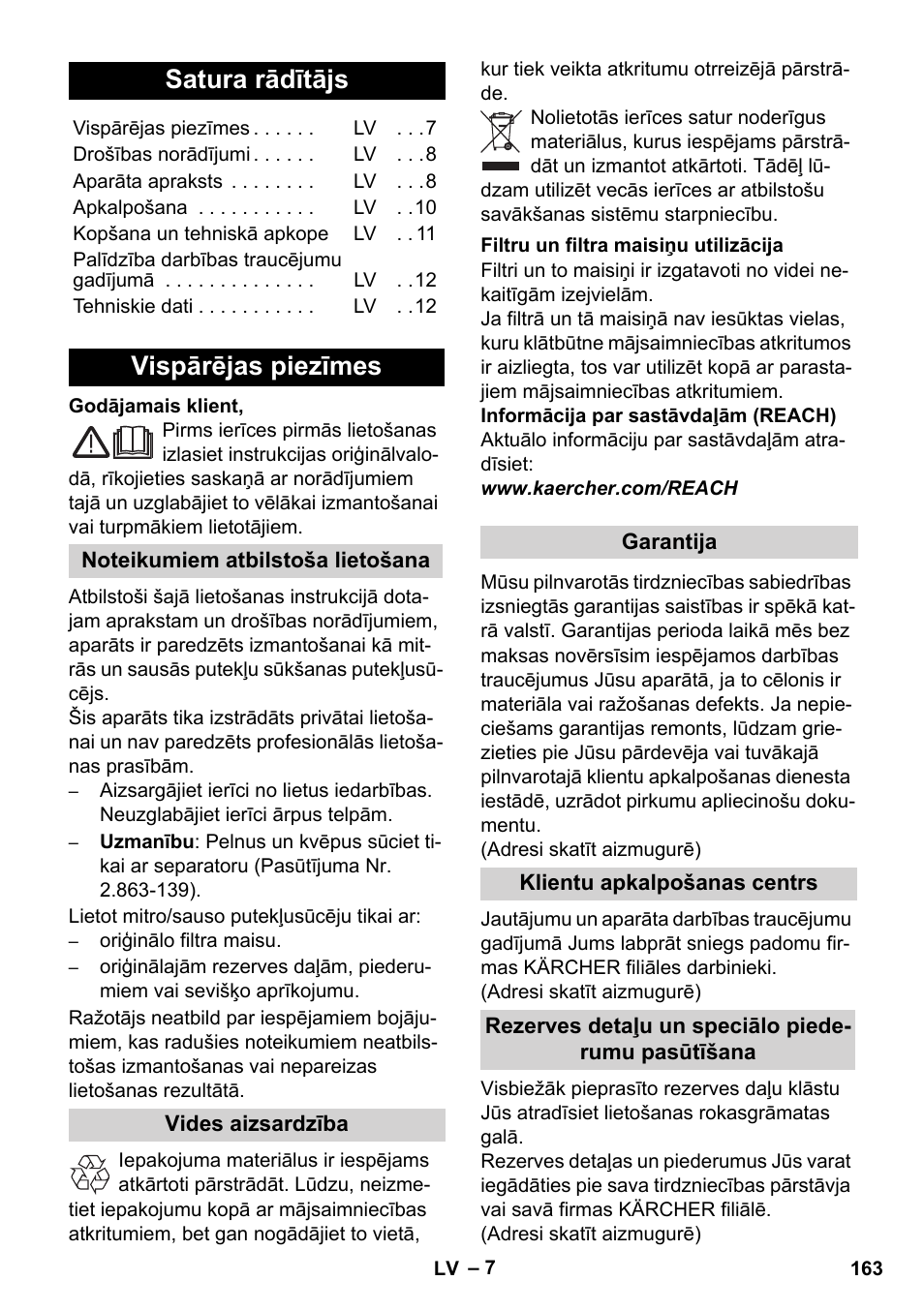 Latviešu, Satura rādītājs, Vispārējas piezīmes | Karcher WD 7-700 P User Manual | Page 163 / 192