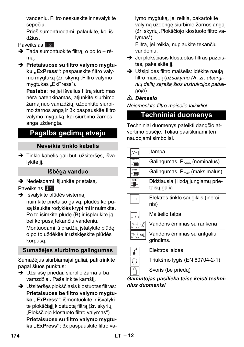 Pagalba gedimų atveju, Techniniai duomenys | Karcher WD 7-700 P User Manual | Page 174 / 192