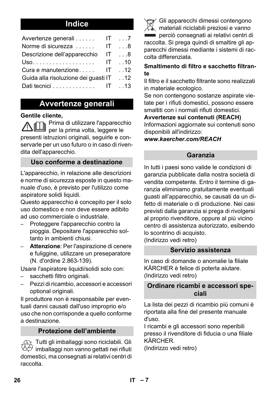 Italiano, Indice, Avvertenze generali | Karcher WD 7-700 P User Manual | Page 26 / 192