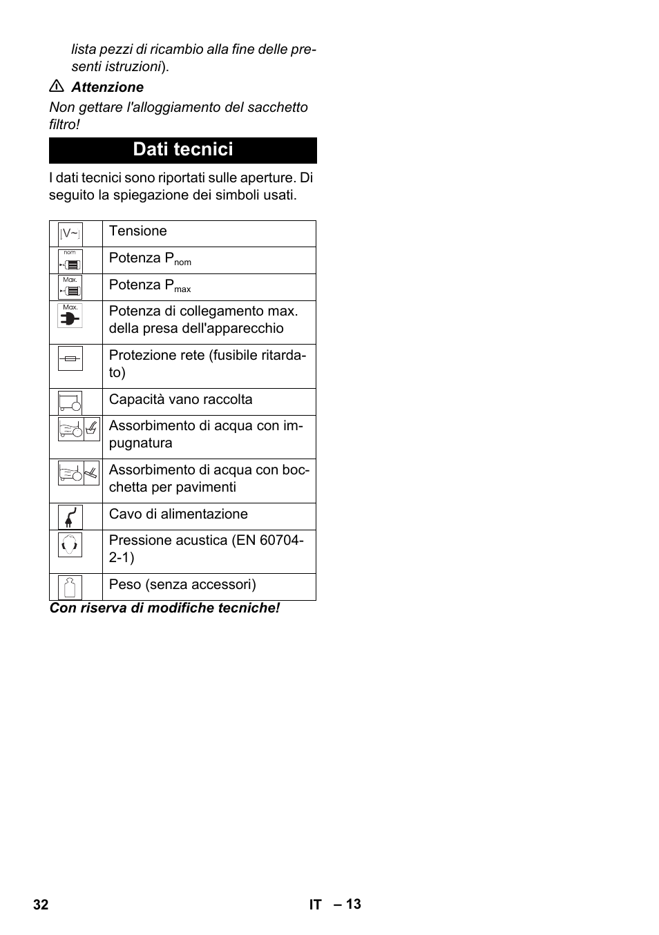 Dati tecnici | Karcher WD 7-700 P User Manual | Page 32 / 192