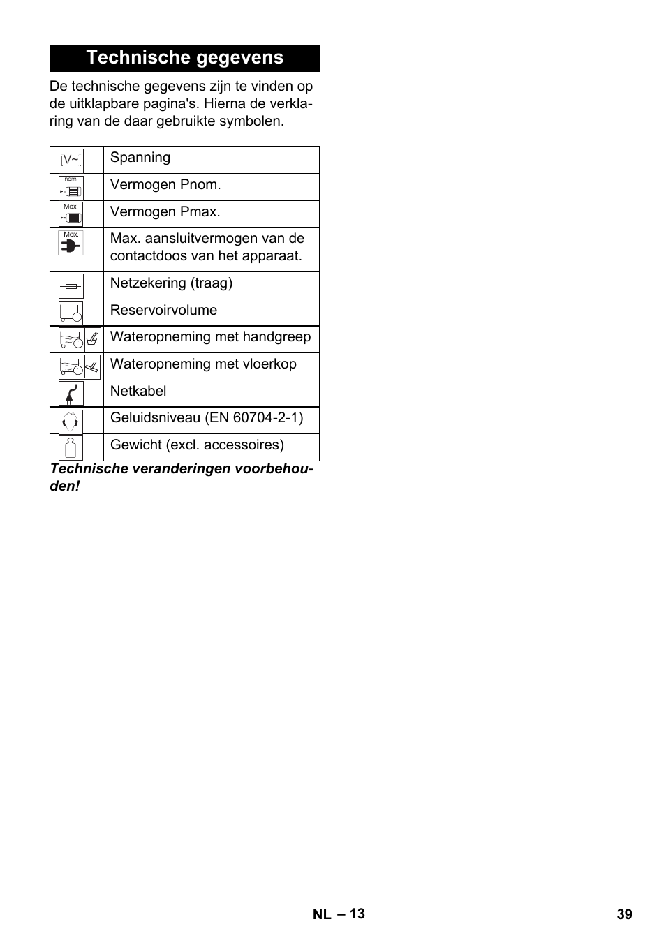 Technische gegevens | Karcher WD 7-700 P User Manual | Page 39 / 192