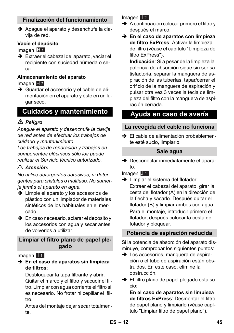 Cuidados y mantenimiento, Ayuda en caso de avería | Karcher WD 7-700 P User Manual | Page 45 / 192