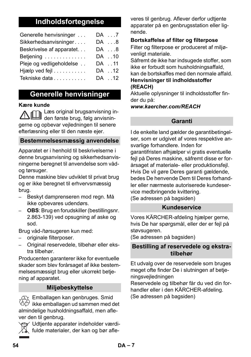 Dansk, Indholdsfortegnelse, Generelle henvisninger | Karcher WD 7-700 P User Manual | Page 54 / 192