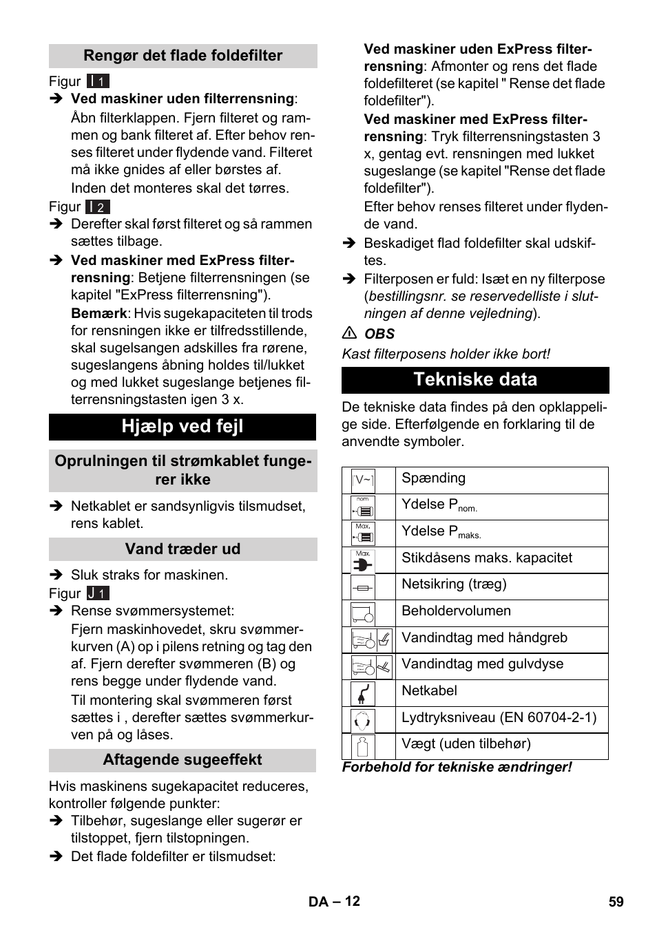 Hjælp ved fejl, Tekniske data | Karcher WD 7-700 P User Manual | Page 59 / 192