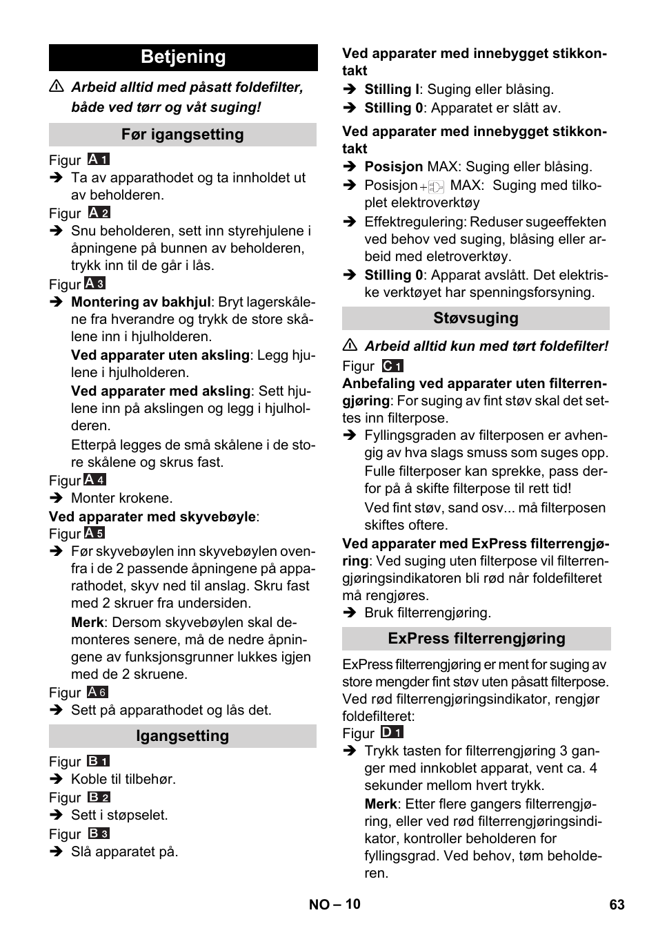 Betjening | Karcher WD 7-700 P User Manual | Page 63 / 192