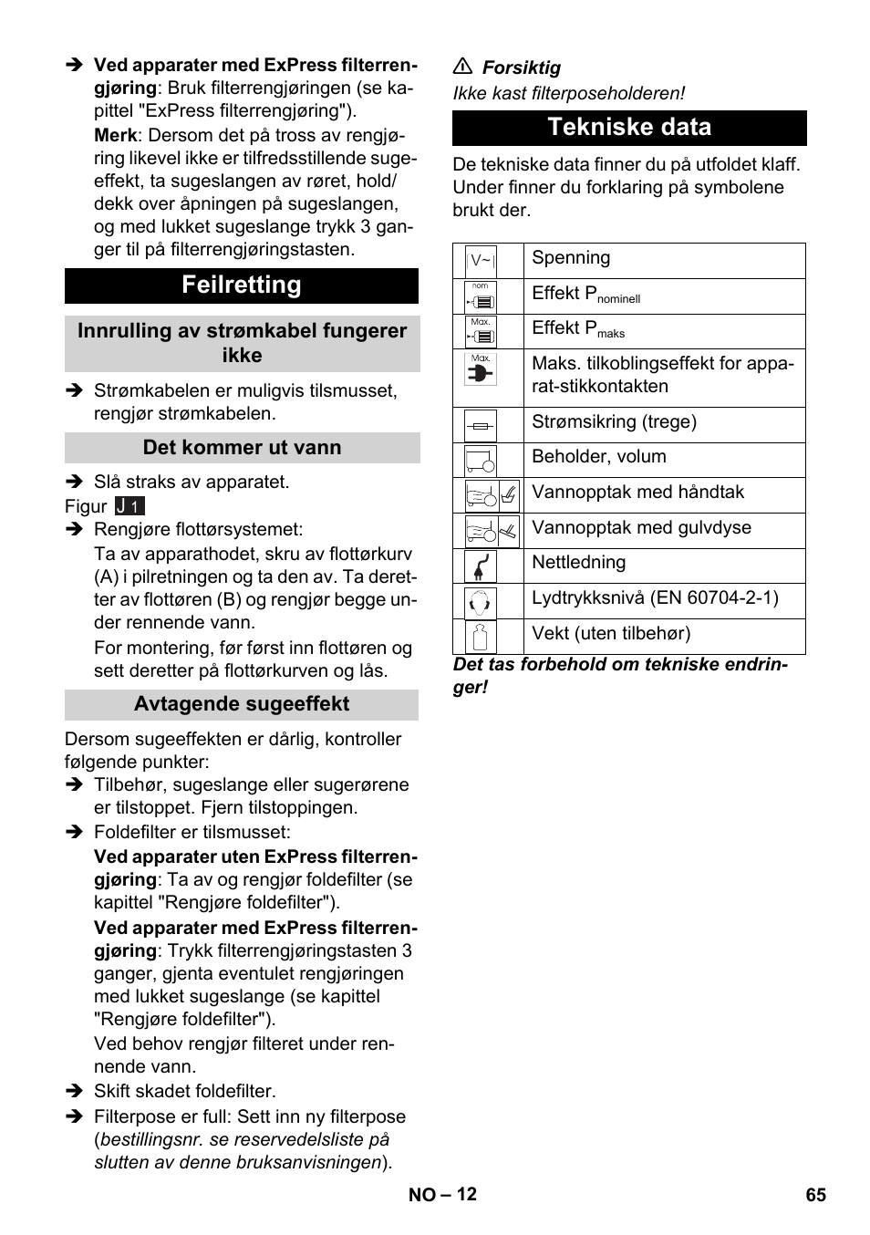 Feilretting, Tekniske data | Karcher WD 7-700 P User Manual | Page 65 / 192