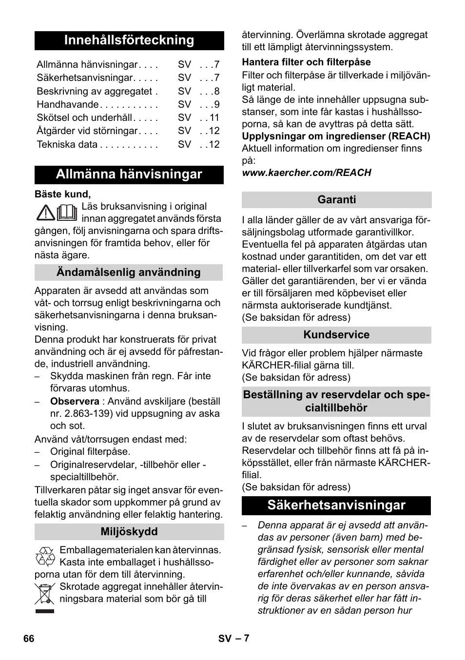 Svenska, Innehållsförteckning, Allmänna hänvisningar | Säkerhetsanvisningar | Karcher WD 7-700 P User Manual | Page 66 / 192