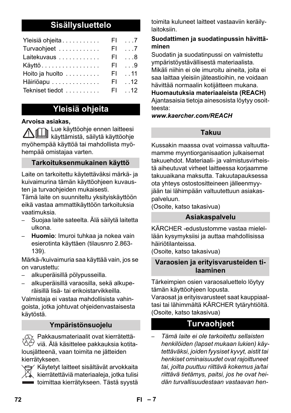 Suomi, Sisällysluettelo, Yleisiä ohjeita | Turvaohjeet | Karcher WD 7-700 P User Manual | Page 72 / 192