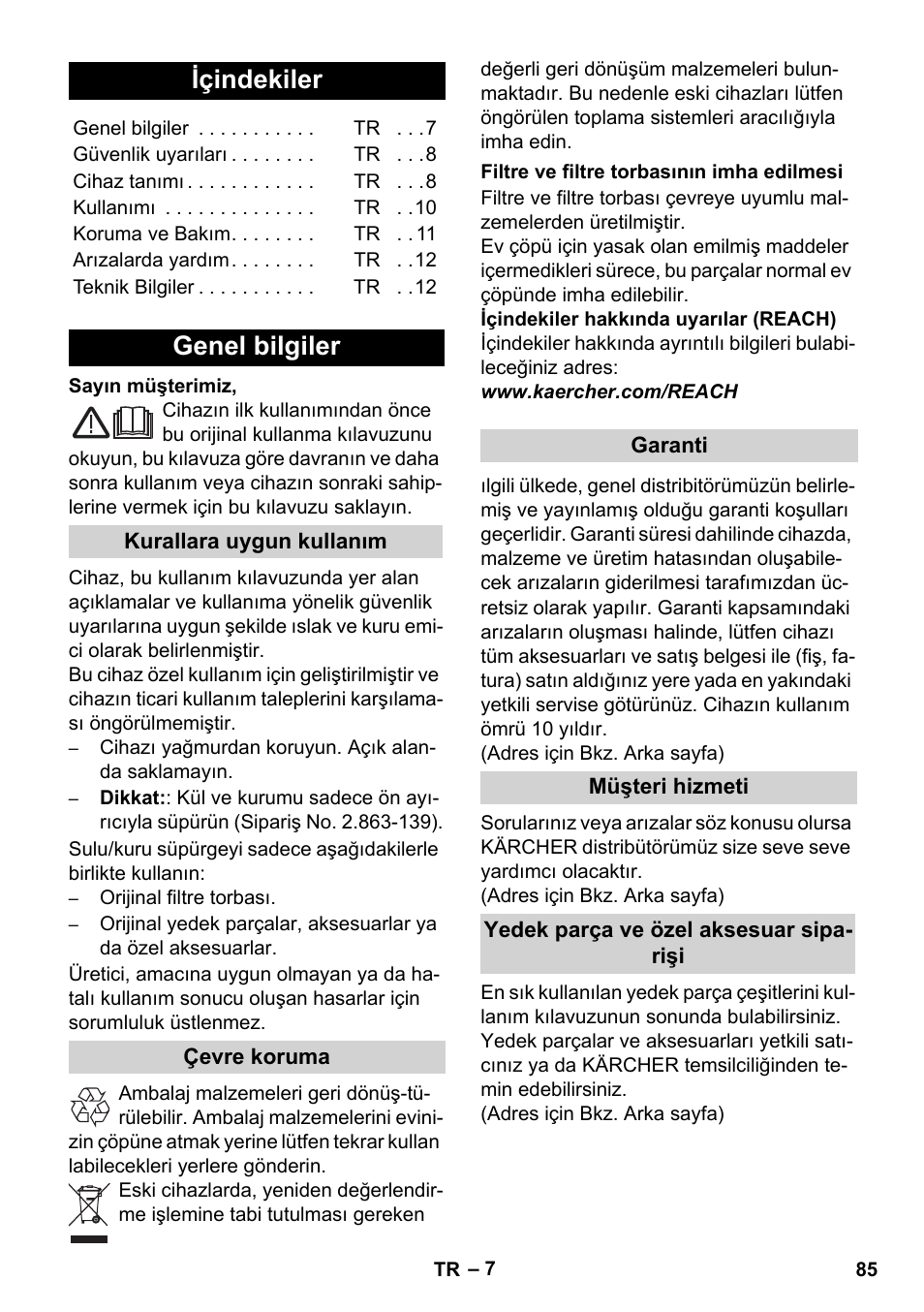 Türkçe, Içindekiler, Genel bilgiler | Karcher WD 7-700 P User Manual | Page 85 / 192