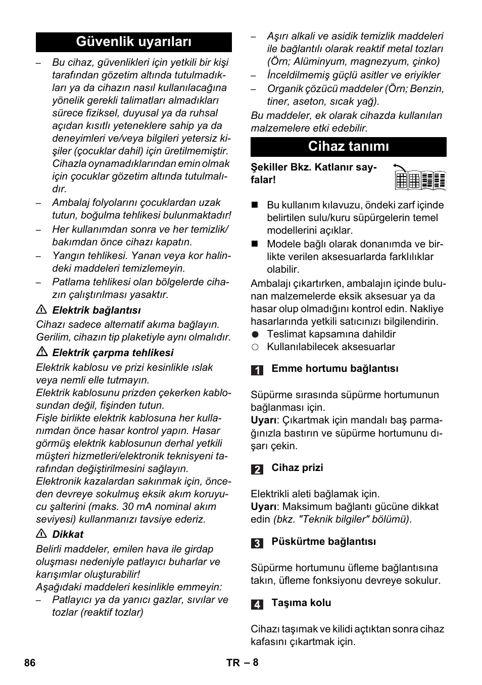 Güvenlik uyarıları cihaz tanımı | Karcher WD 7-700 P User Manual | Page 86 / 192