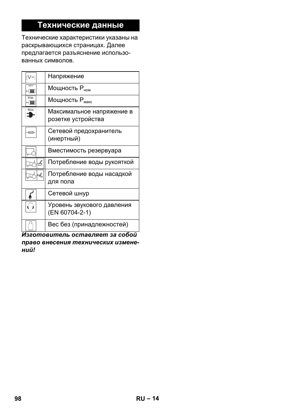 Технические данные | Karcher WD 7-700 P User Manual | Page 98 / 192