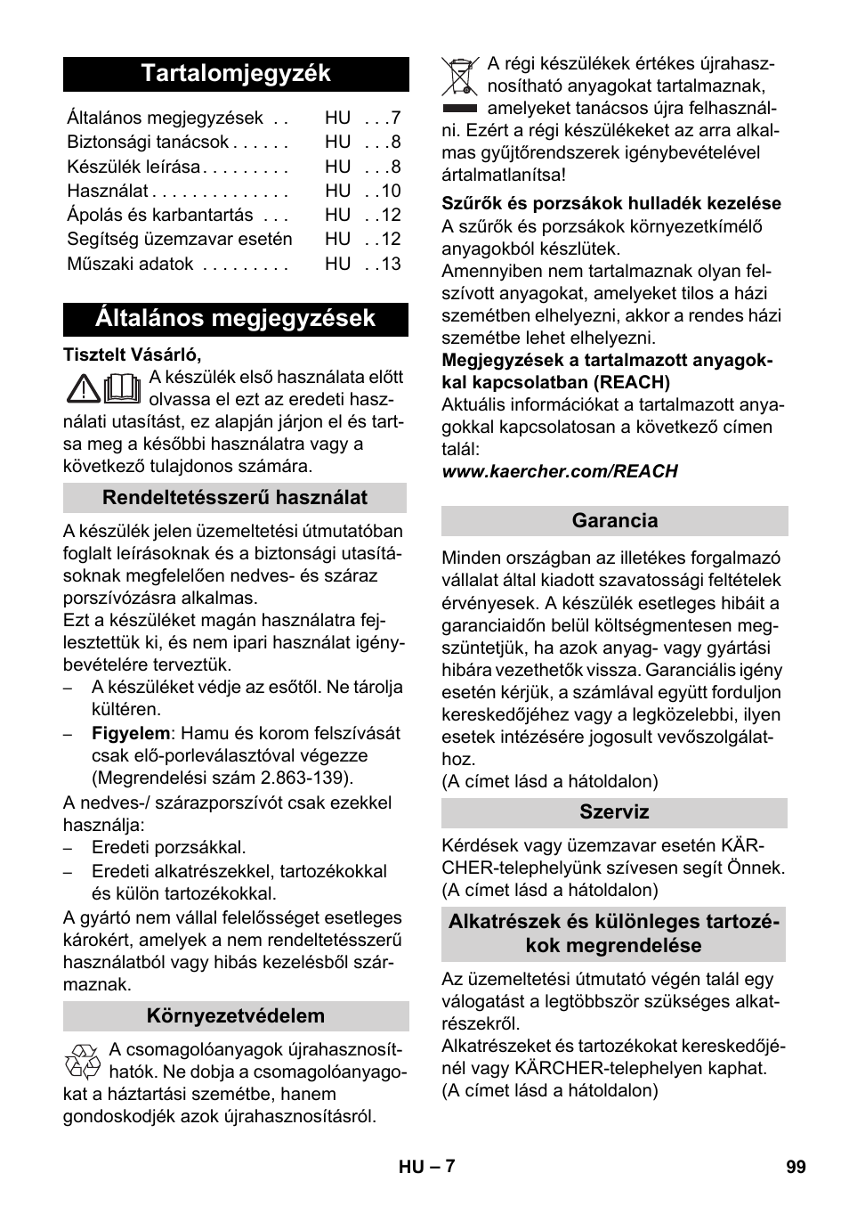 Magyar, Tartalomjegyzék, Általános megjegyzések | Karcher WD 7-700 P User Manual | Page 99 / 192