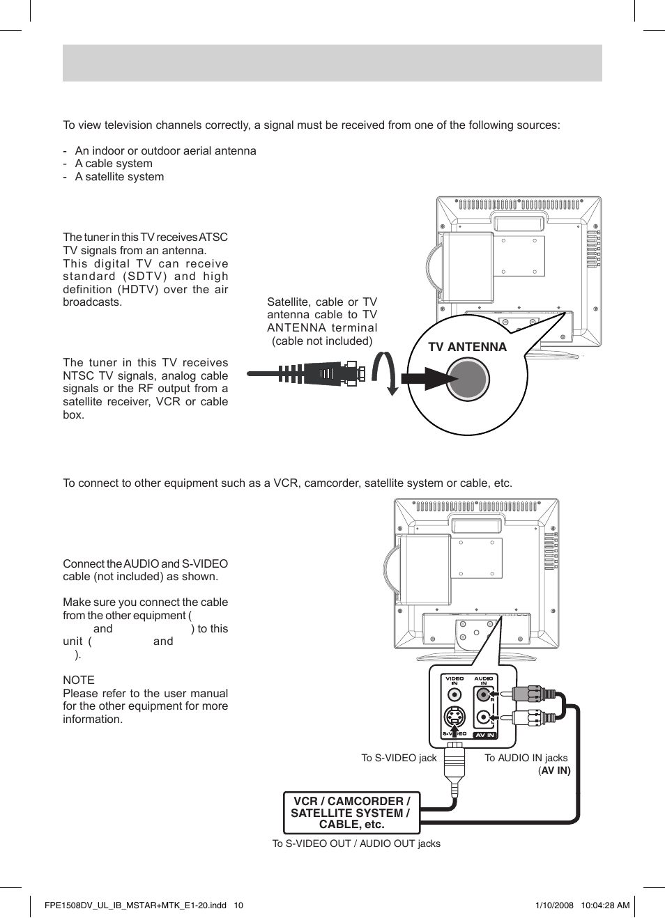 Connections, Connecting a tv antenna / cable / satellite, Connecting an a/v device | Connecting a digital antenna, Connecting an analog antenna or device | Audiovox FPE1508DV User Manual | Page 11 / 28