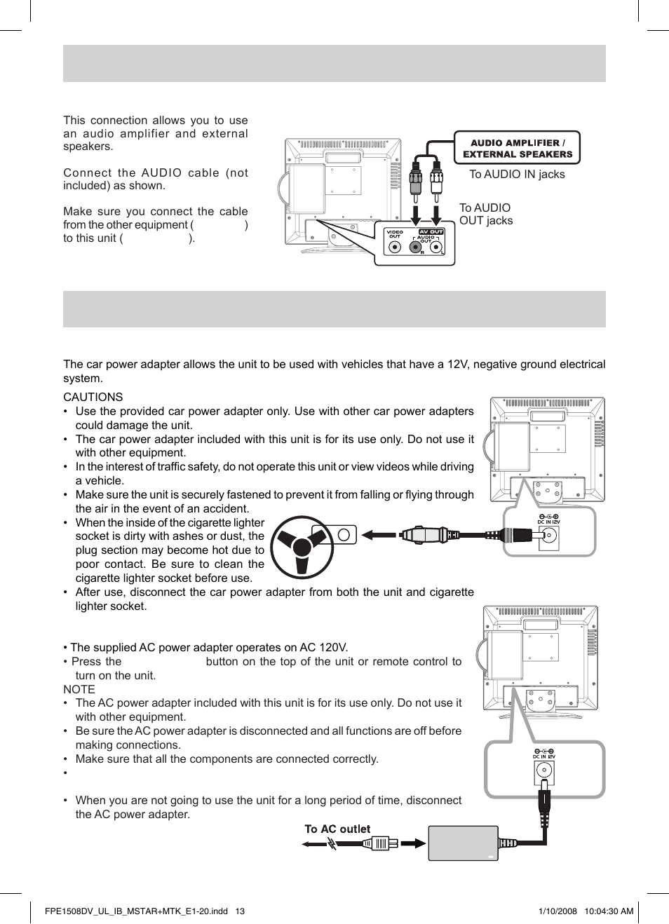 Power supply, Connections | Audiovox FPE1508DV User Manual | Page 14 / 28