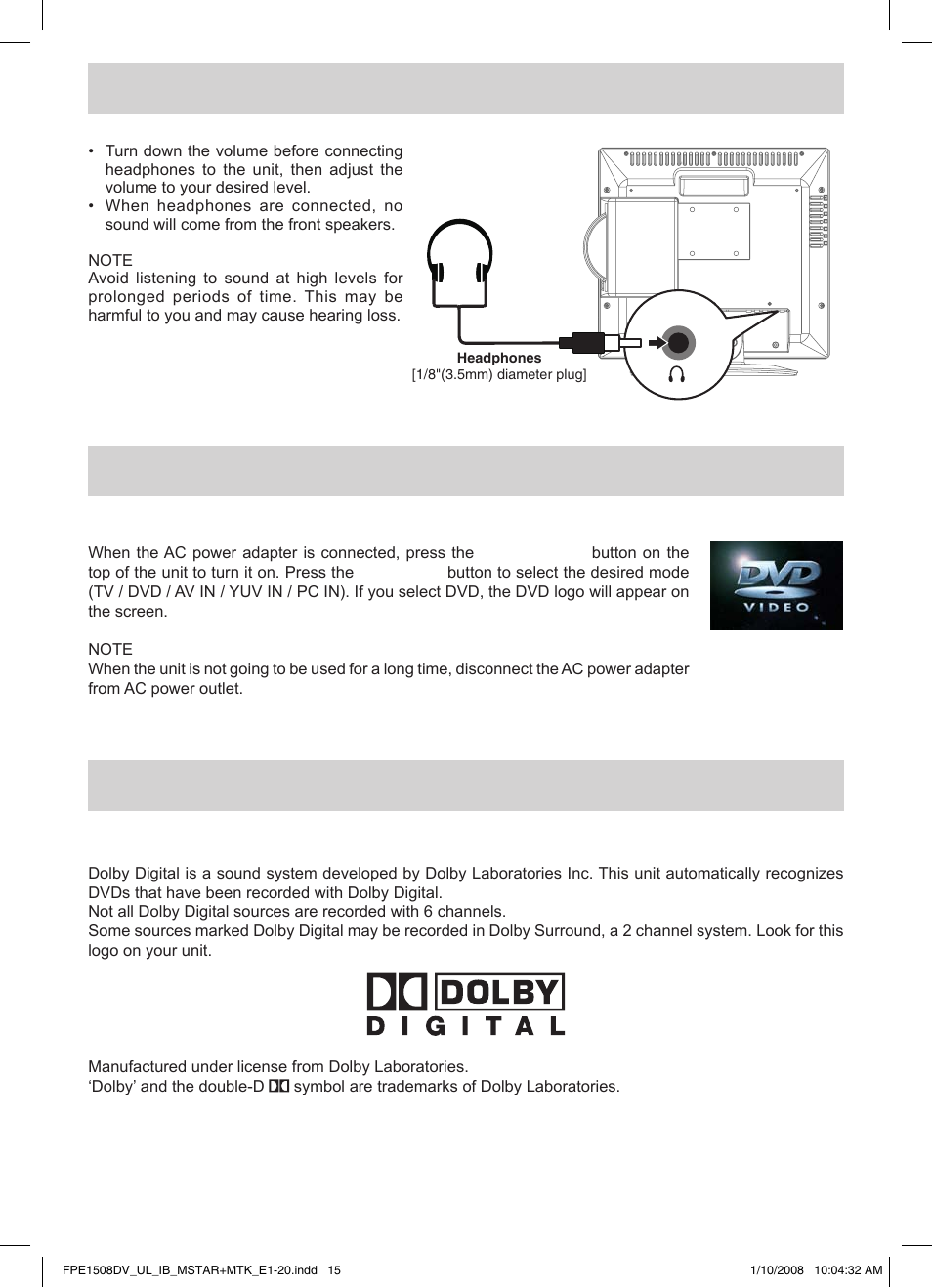 Using headphones, Unit operation sound system | Audiovox FPE1508DV User Manual | Page 16 / 28