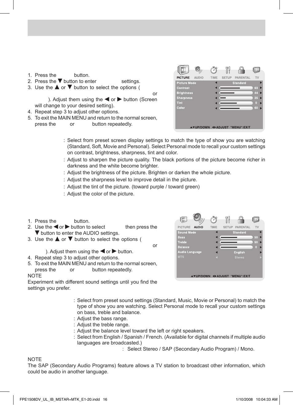 Tv setup, Picture menu, Audio menu | Audiovox FPE1508DV User Manual | Page 17 / 28