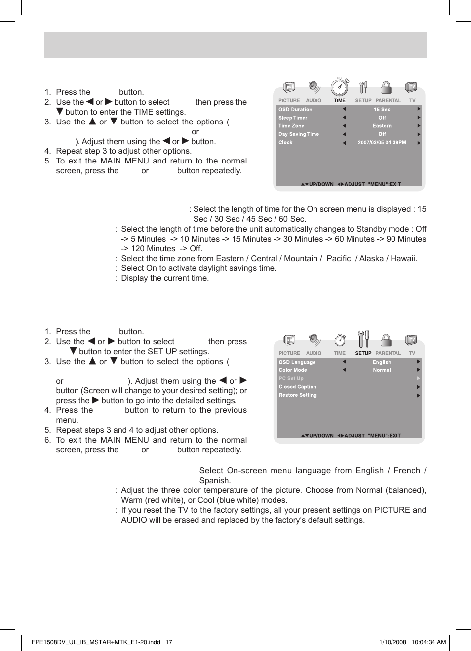 Tv setup, Time menu, Setup menu | Audiovox FPE1508DV User Manual | Page 18 / 28