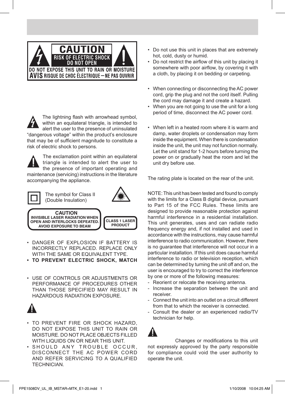 Safety precautions, Placement information, Safety information | Condensation information, Rating plate location, Fcc statements | Audiovox FPE1508DV User Manual | Page 2 / 28