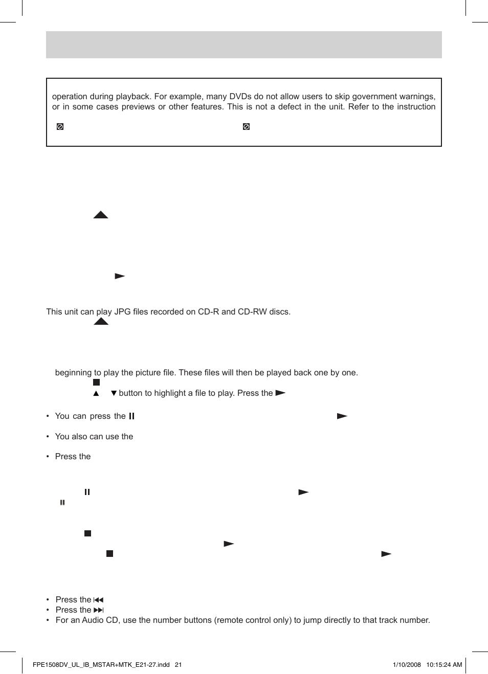 Cd/dvd operation, Playing a disc, Playing a picture file disc | Pausing playback (still mode), Stopping playback, Skipping to a different track | Audiovox FPE1508DV User Manual | Page 22 / 28