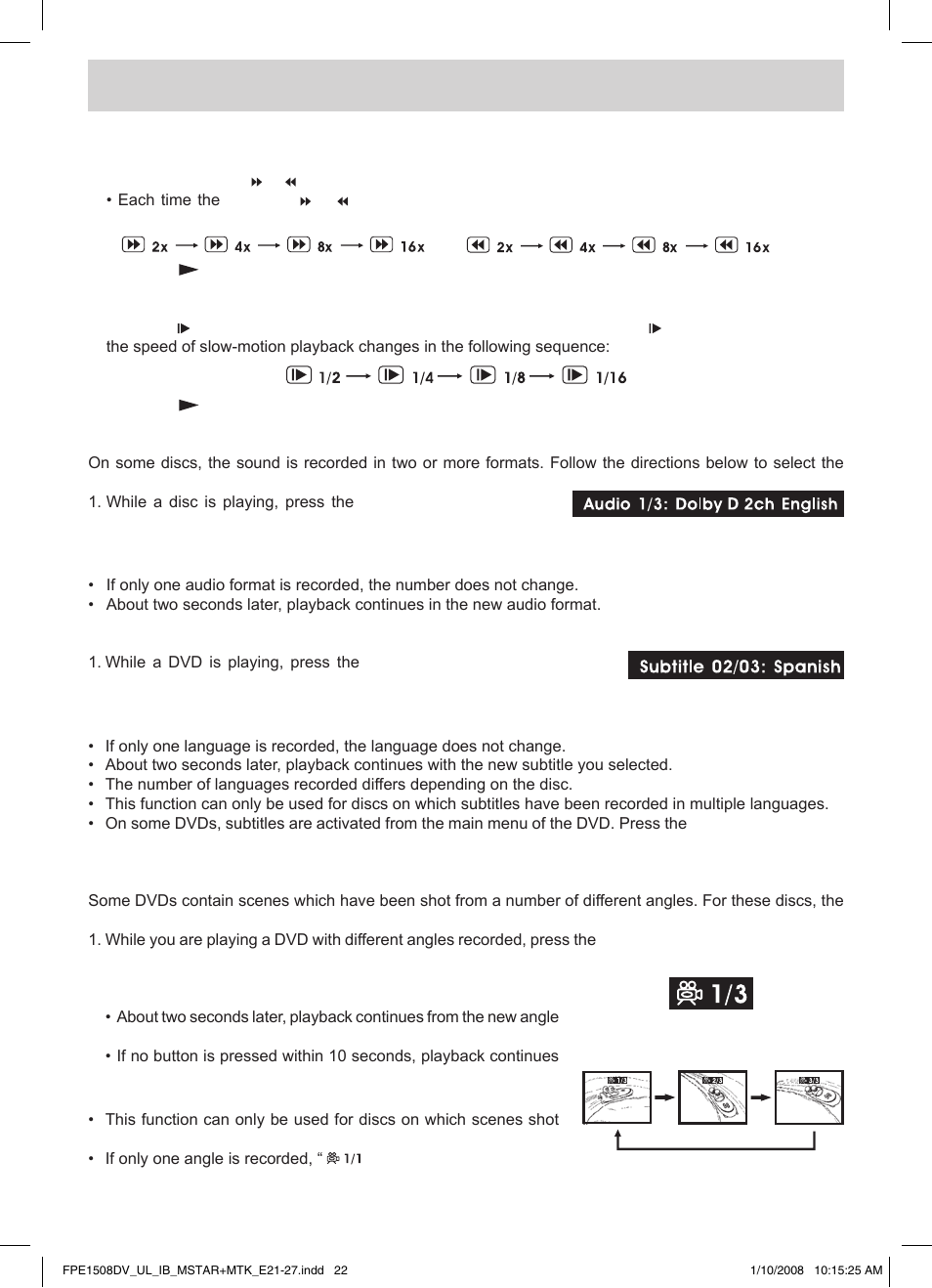 Cd/dvd operation, Fast forward / fast reverse, Slow-motion play (dvd) | Audio selection (dvd), Subtitle selection (dvd), Angle selection (dvd) | Audiovox FPE1508DV User Manual | Page 23 / 28