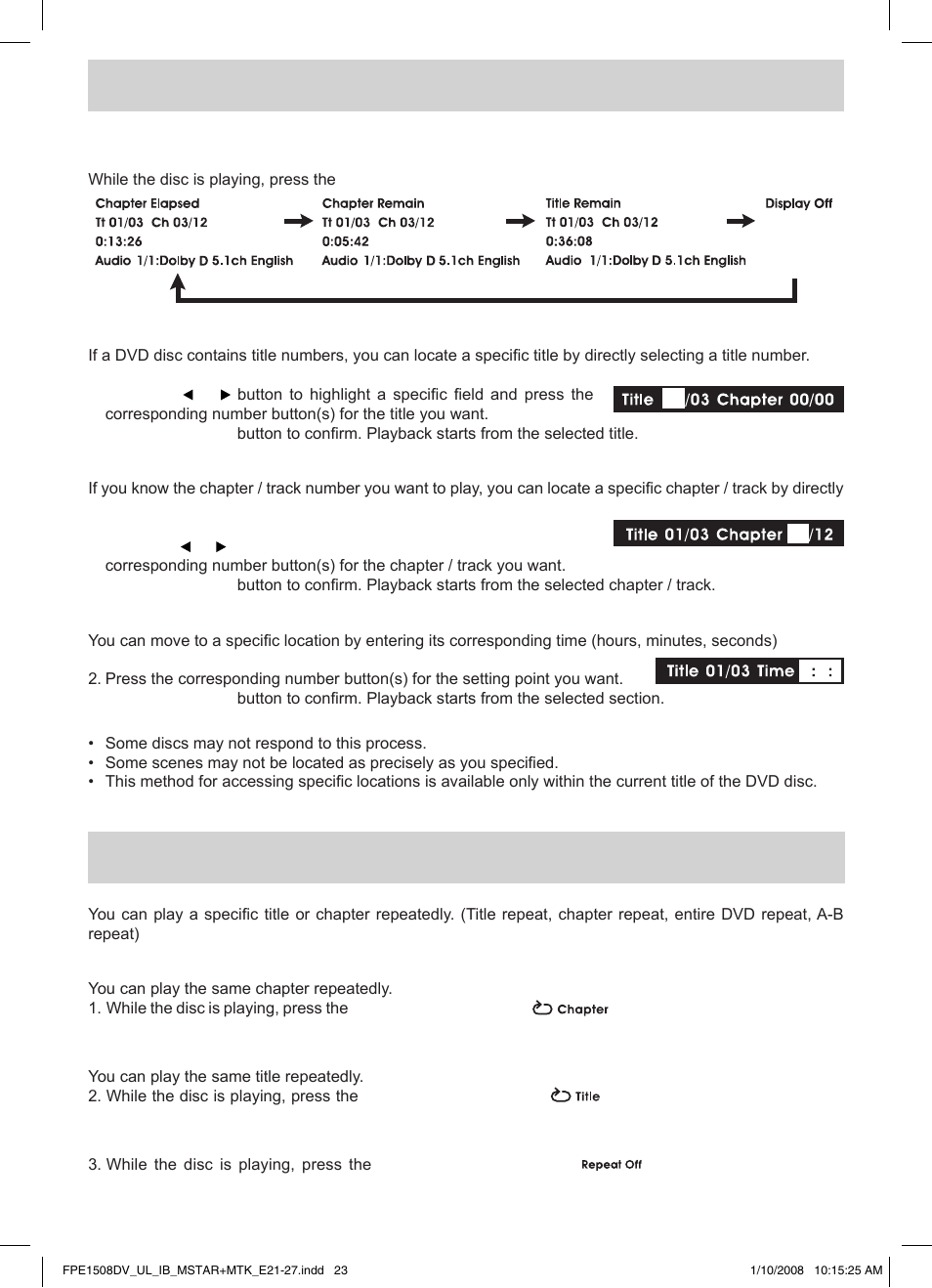 Special functions, Repeat playback | Audiovox FPE1508DV User Manual | Page 24 / 28