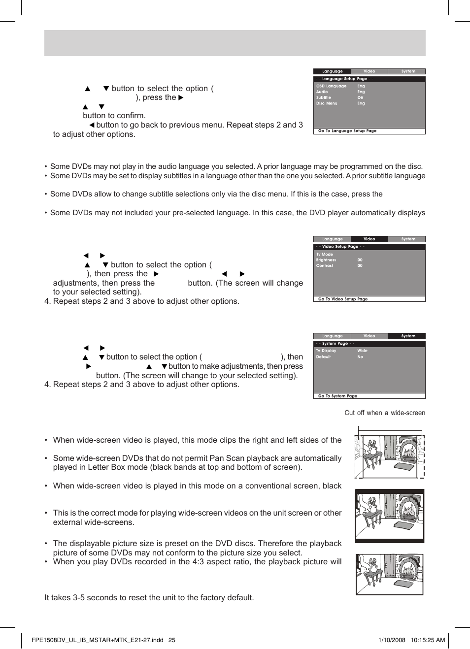 Customizing the dvd function settings, Video setup, System setup | Language setup | Audiovox FPE1508DV User Manual | Page 26 / 28