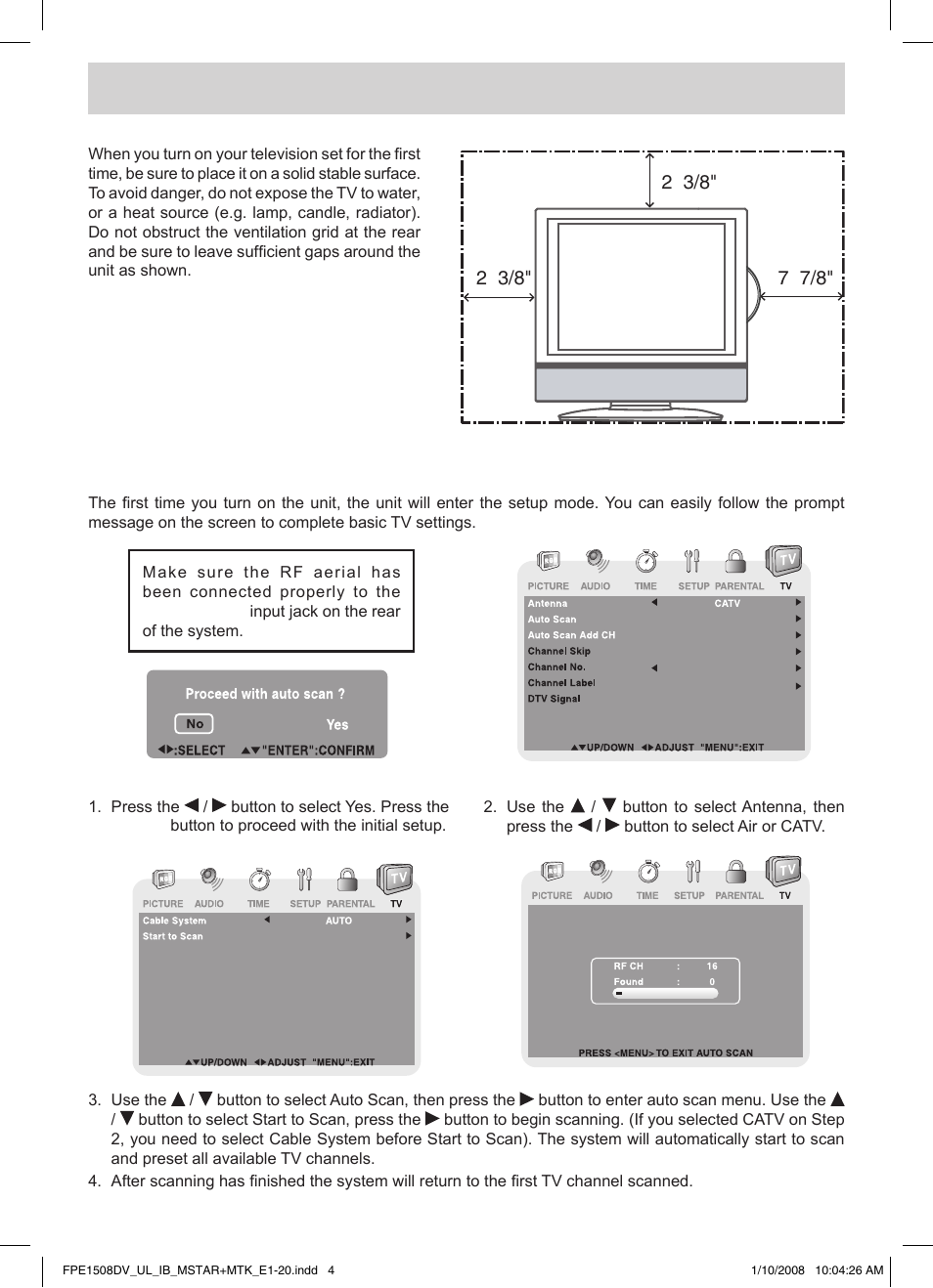 Quick installation, Turning on the unit for the first time | Audiovox FPE1508DV User Manual | Page 5 / 28